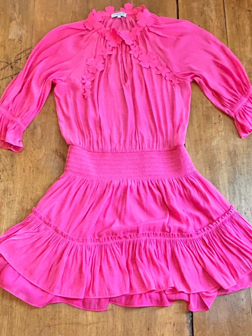 Ramy Brook mini dress size L hot pink floral detail at neck, long sleeve